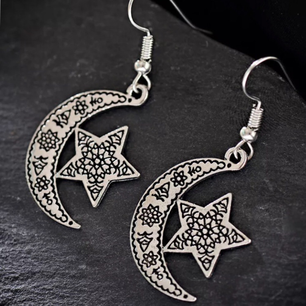 Boho Star & Moon Earrings Antiqued Silvertone